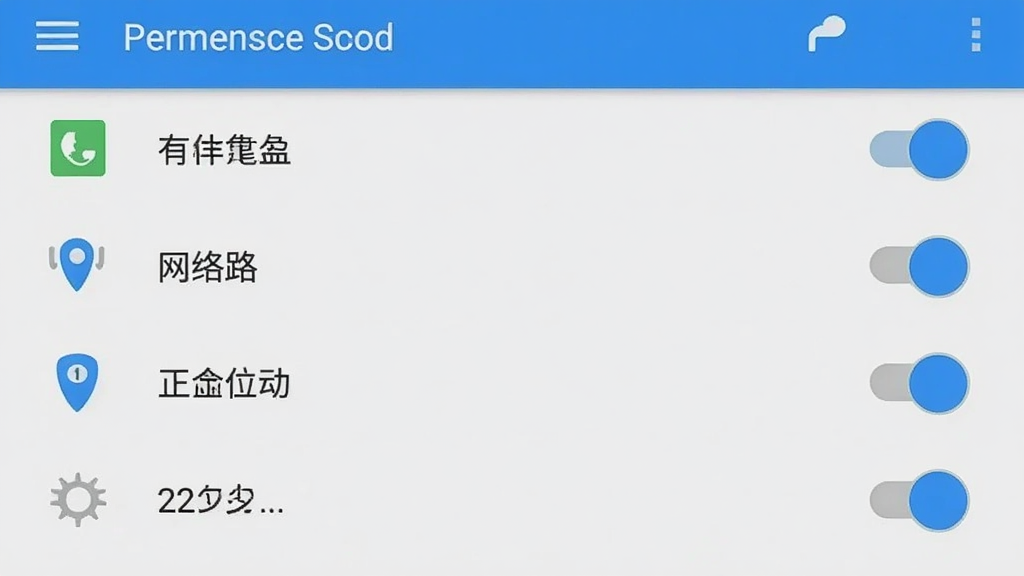 安卓手机设置界面截图风格插画,画面展示权限管理页面,包含存储、网络、定位等开关选项,配色为浅灰与蓝色,布局清晰,风格扁平化,细节干净,无多余元素