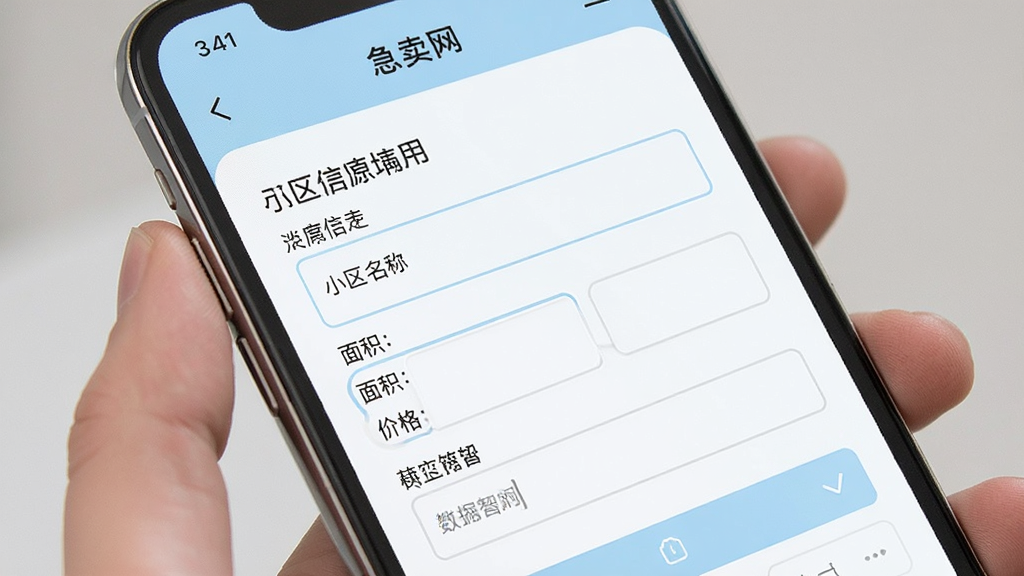 急卖网应用发布页面特写,手机屏幕显示房源信息填写表单,包含小区名称、面积、价格等输入框,界面配色以白色和浅蓝色为主,布局规整,风格清爽简约,细节清晰,画质干净,无多余元素
