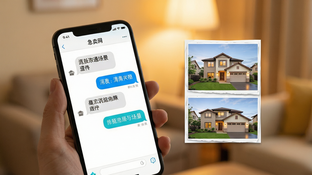 急卖网沟通场景示意图,画面中一部手机显示消息对话界面,旁边有房源缩略图,背景为柔和暖色调,构图简洁,风格生活化,细节清晰,画质干净,无多余元素