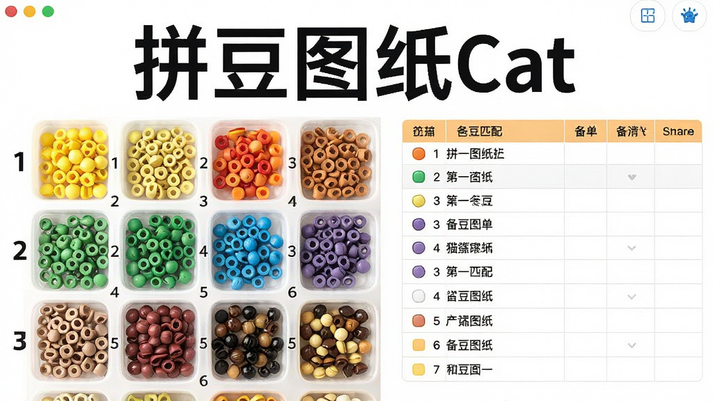 拼豆图纸Cat软件色号匹配与备豆清单界面,画面中显示多种颜色的拼豆颗粒整齐排列,旁边有数字标注与清单表格,风格明亮整洁,画质清晰,突出“拼豆图纸Cat”字样