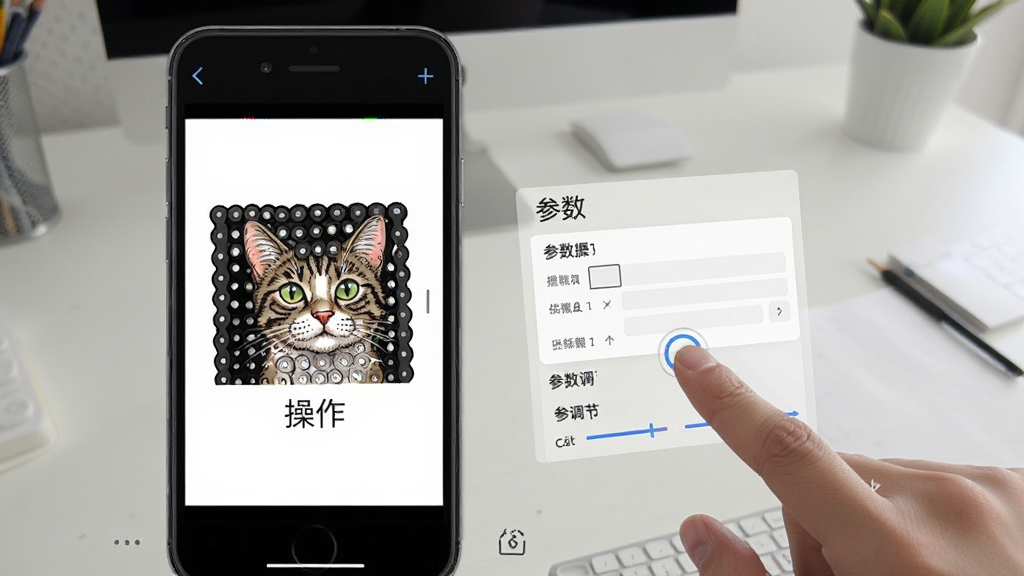 拼豆图纸Cat手机端操作界面截图,展示导入图片与参数调节步骤,画面中有手指点击屏幕的动作,背景为简洁的桌面环境,风格写实,画质清晰干净