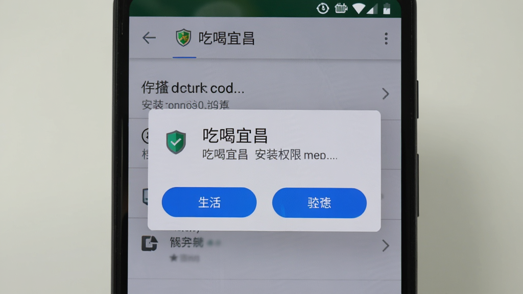 主体为一部安卓手机屏幕显示「吃喝宜昌」安装权限设置界面,布局为屏幕中央弹出权限提示框、下方两个按钮选项,排版居中对称,风格为系统原生设置界面写实风,细节包含盾牌安全图标、按钮高亮状态、顶部标题栏文字,画质清晰,画面干净无多余元素