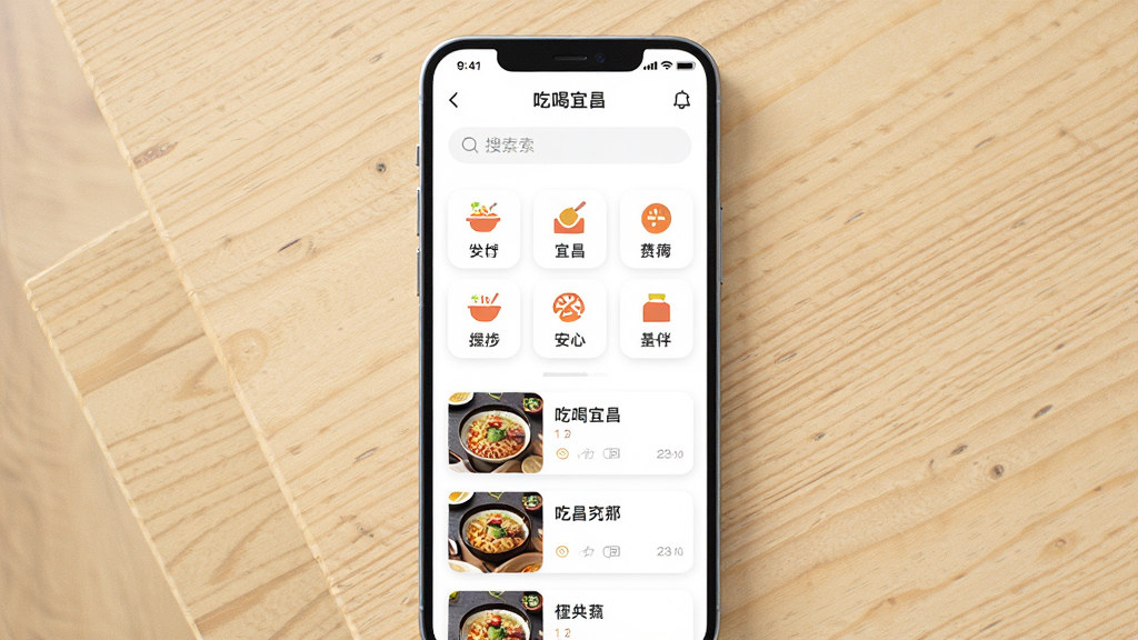 主体为一部竖屏智能手机居中放置在浅色木质桌面上,屏幕内展示「吃喝宜昌」应用首页列表界面,布局为上方搜索框、中部餐饮分类图标网格、下方商户卡片纵向排列,排版干净留白充足,风格为清爽现代扁平化UI设计,细节包含图标圆角、卡片阴影、顶部状态栏时间电量显示,画质高清锐利,画面干净无多余元素