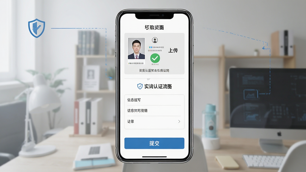 一张表现安全认证流程的示意图,主体为手机屏幕中的实名认证页面,布局为上方证件上传区域、中部信息填写栏、下方提交按钮,排版纵向排列,风格为简洁商务风,细节包括盾牌安全图标、对勾标记、蓝色认证标识,画质高清,画面干净,无多余元素