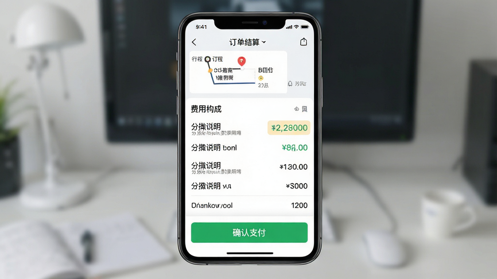 一张展示费用分摊明细的界面图,主体为手机订单结算页面,布局上方为行程路线摘要、中部为费用构成列表、下方为确认支付按钮,排版清晰分层,风格为清爽浅色UI,细节包括金额数字高亮、分摊说明文字、绿色确认按钮,画质高清,画面干净,无多余元素