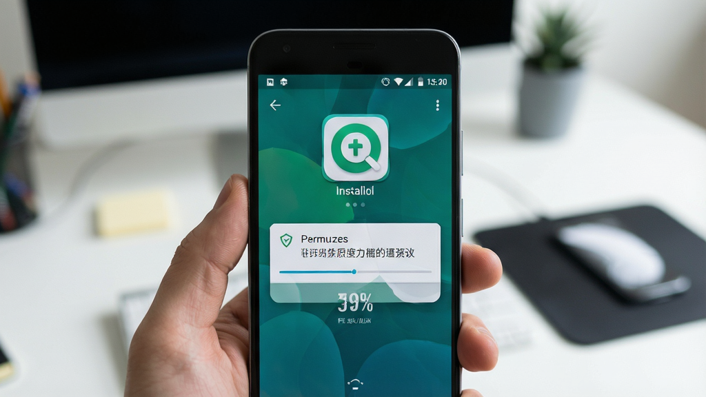 一张展示安卓手机安装应用过程的场景图,主体为手持手机屏幕显示安装进度条,布局为手机居中、背景为桌面环境,排版简洁,风格为写实科技风,细节包括安装包图标、权限提示弹窗、进度百分比,画质清晰,画面干净,无多余元素