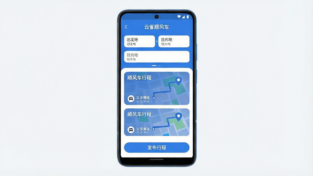 一张手机应用界面展示图,主体是一部竖屏安卓手机,屏幕中央显示“云雀顺风车”应用首页,页面顶部为出发地与目的地输入框,中部为顺风车行程卡片列表,底部为发布行程按钮,布局简洁清晰,排版采用上下结构,风格为现代扁平化UI设计,细节包括蓝色主色调、圆角卡片、地图路线小图标,画质高清,画面干净,无多余元素
