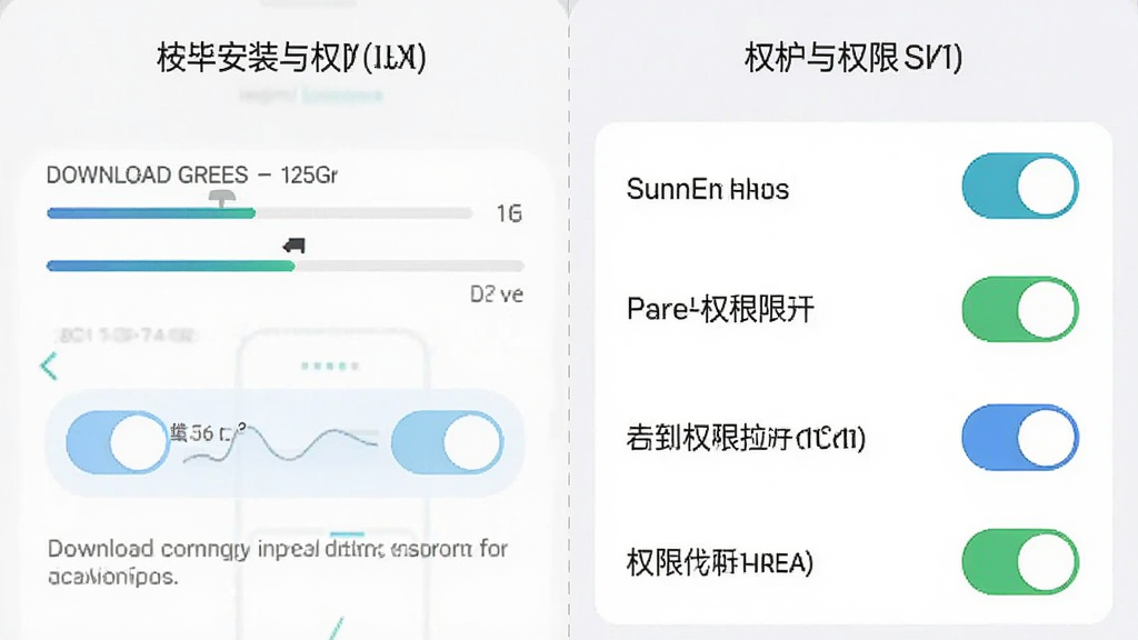 主体为手机应用安装与权限设置界面示意,布局为左右分栏展示安装步骤与权限开关,风格为教程图解风,细节包含下载进度条、权限开关按钮与提示文字,画质清晰,画面干净,无多余元素