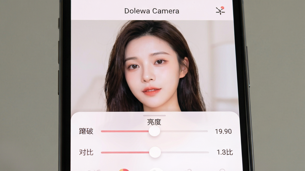 主体是手机屏幕特写,显示美颜参数滑动条与预览人像;布局为屏幕占满画面中央,参数面板位于底部;排版为上下结构;风格为柔和浅色系移动应用界面;细节包括磨皮、亮度、对比度三条滑块与数值标签,界面顶部显示文字