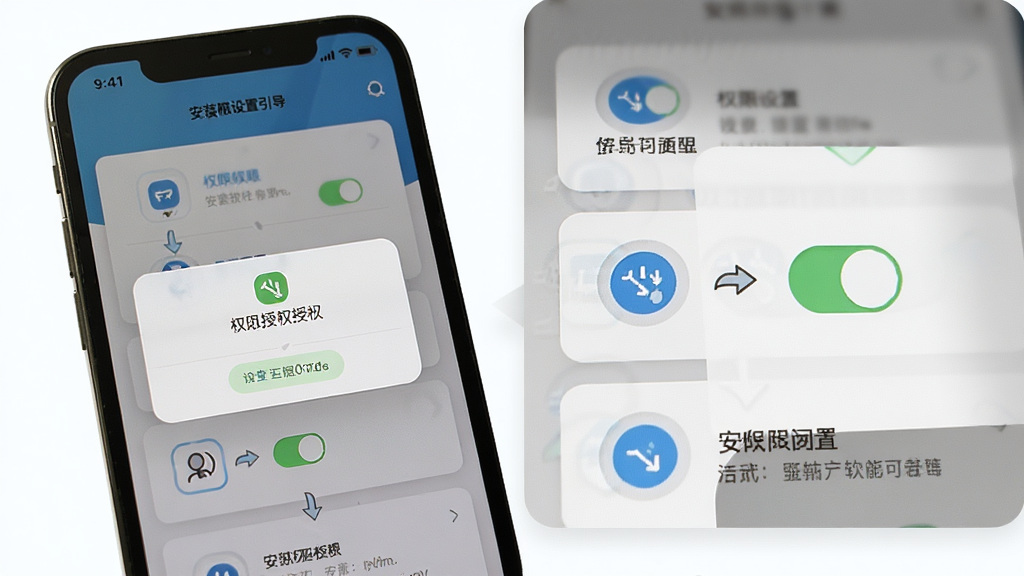 触见软件安装权限设置引导界面,手机屏幕显示权限授权弹窗与设置步骤示意,主体为手机与悬浮窗权限开关特写,布局为分步引导式卡片排列,风格为清新浅色教程风格,细节包含权限图标与箭头指示,画质清晰,干净整洁无多余元素