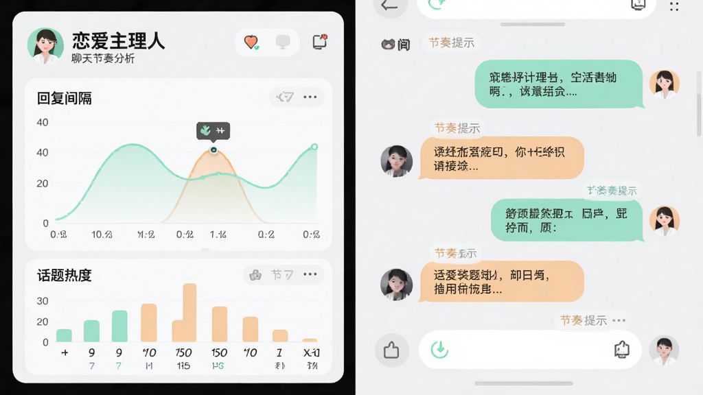 画面采用左右分栏布局,左侧为“恋爱主理人”聊天节奏分析面板,显示回复间隔曲线和话题热度条;右侧为对话气泡与节奏提示标签;整体风格为清爽的科技插画,浅灰白底色搭配薄荷绿与淡橙色点缀;细节干净利落,画质清晰,无杂乱元素