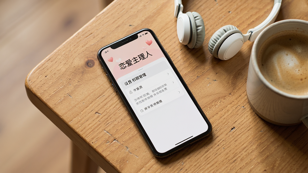 一部手机平放在木质桌面上,屏幕显示“恋爱主理人”的设置与权限管理页面,旁边放着一副耳机和一杯咖啡;画面采用俯拍视角,暖色调生活化场景,光线柔和自然;风格写实清新,细节清晰,画质干净,无多余杂物