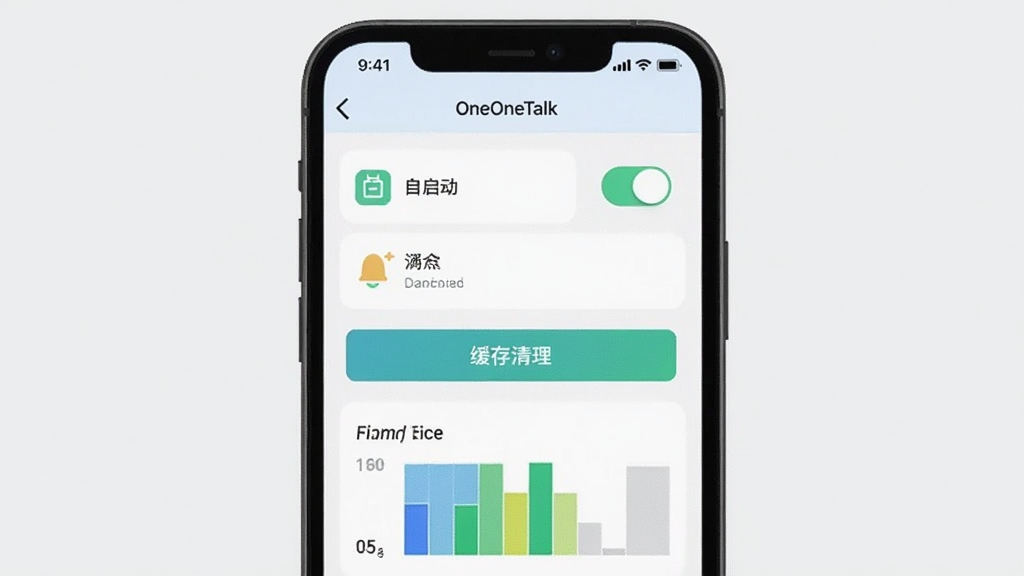 以OneOneTalk移动端设置页面为主体,布局为手机屏幕展示权限管理与存储清理界面,风格为清爽浅色实用风,细节包含自启动开关、通知权限图标、缓存清理按钮与存储占用条形图,画质清晰干净,无多余元素