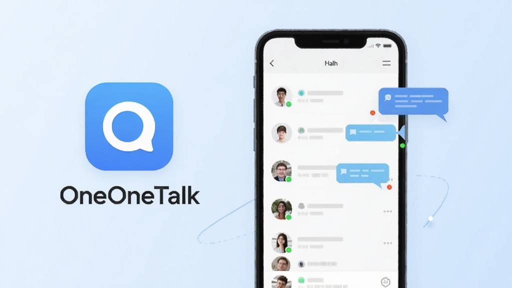 以OneOneTalk软件为核心主体,画面中央放置一部智能手机,屏幕显示简洁聊天界面与好友列表,布局采用左右分栏构图,左侧为软件图标与名称“OneOneTalk”,右侧为手机与对话气泡元素,风格为扁平化现代科技风,细节包含圆角图标、浅蓝渐变背景、消息气泡与在线状态小圆点,画质清晰干净,无多余元素
