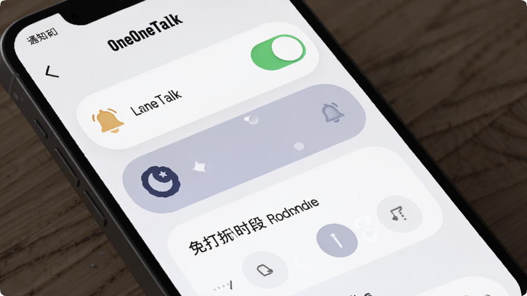 以OneOneTalk通知设置页面为主体,布局为手机屏幕竖向展示提醒选项列表,风格为柔和圆角卡片风,细节包含开关按钮、铃铛图标、夜间模式月亮标识与免打扰时段选择器,画质干净清晰,无多余元素