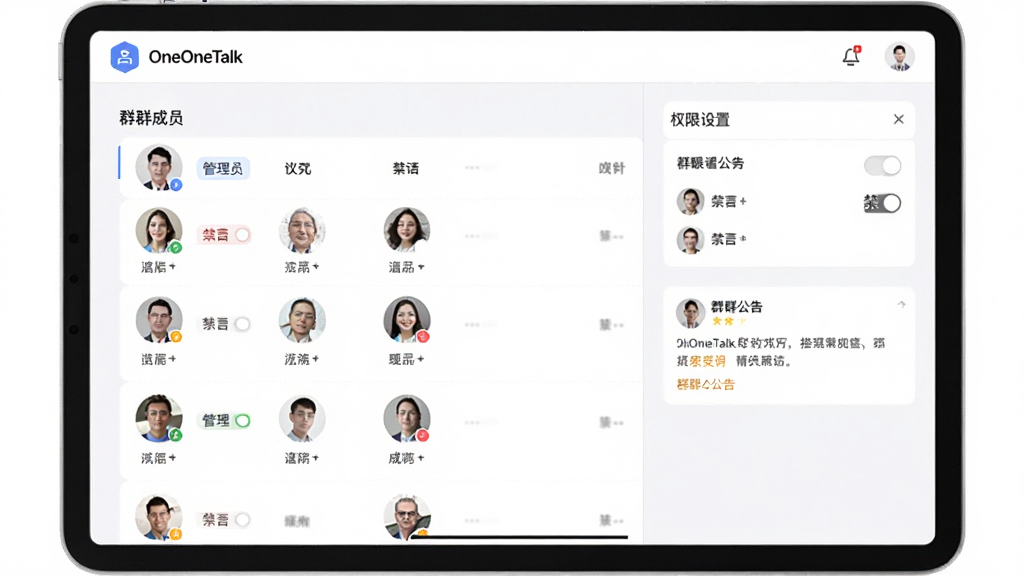 以OneOneTalk群组管理界面为主体,布局为平板或手机横屏展示群成员列表与权限设置面板,风格为简约商务风,细节包含成员头像网格、管理员标签、禁言开关与群公告卡片,画质清晰干净,无杂乱元素