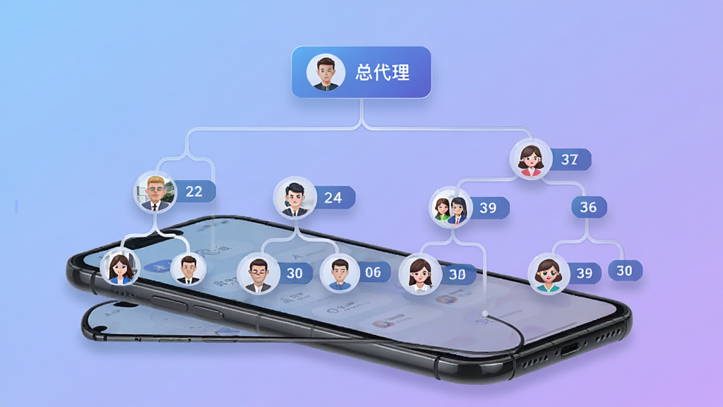画面展示一个树状层级结构图悬浮在手机屏幕上方,顶层节点标注“总代理”,向下分叉出多个子节点,每个节点配有头像图标和数字标签,背景为柔和的蓝紫渐变,风格现代商务,构图层次分明,细节精致,画质干净清晰