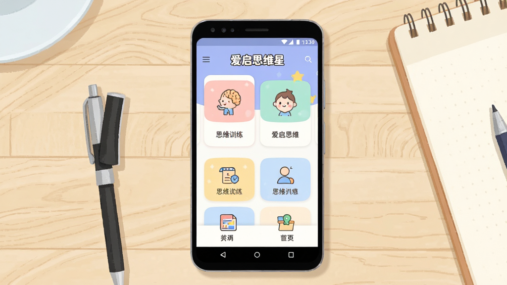 一张展示爱启思维星软件整体界面的预览图,画面主体为一部竖屏安卓手机,手机屏幕上呈现爱启思维星的首页布局,包含思维训练卡片、卡通图标和柔和配色,手机放置在浅色木质桌面上,旁边有一支笔和一个笔记本,布局居中突出手机屏幕,风格为清爽扁平化插画,细节包括屏幕内清晰可见的