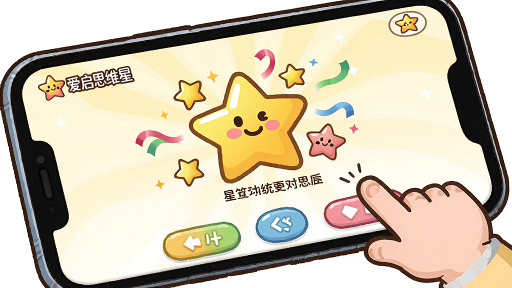 一张展示爱启思维星互动反馈场景的图片,画面主体为手机屏幕特写,屏幕中央显示一个答对后的鼓励动画,包含星星、彩带和笑脸元素,屏幕下方有操作按钮,手机旁边有一只卡通小手正在点击屏幕,布局聚焦屏幕内容,风格为活泼卡通插画,细节包括屏幕角落可见
