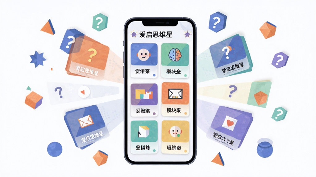一张展示爱启思维星思维训练模块的示意图,画面主体为一部手机屏幕,屏幕上以卡片形式排列多个思维训练模块入口,卡片上有不同的图形和颜色标识,手机周围漂浮着几个抽象的几何图形和问号图标,布局以手机为中心向四周发散,风格为轻科技感扁平插画,细节包括卡片上可见