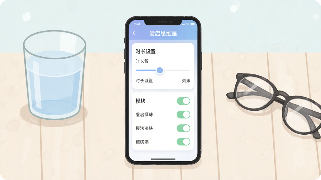 一张展示爱启思维星家长设置界面的示意图,画面主体为手机屏幕,屏幕上显示家长管理面板,包含时长设置滑块和模块开关列表,界面配色柔和,手机放置在桌面,旁边有一杯水和一副眼镜,布局简洁居中,风格为清新简约插画,细节包括屏幕上可见