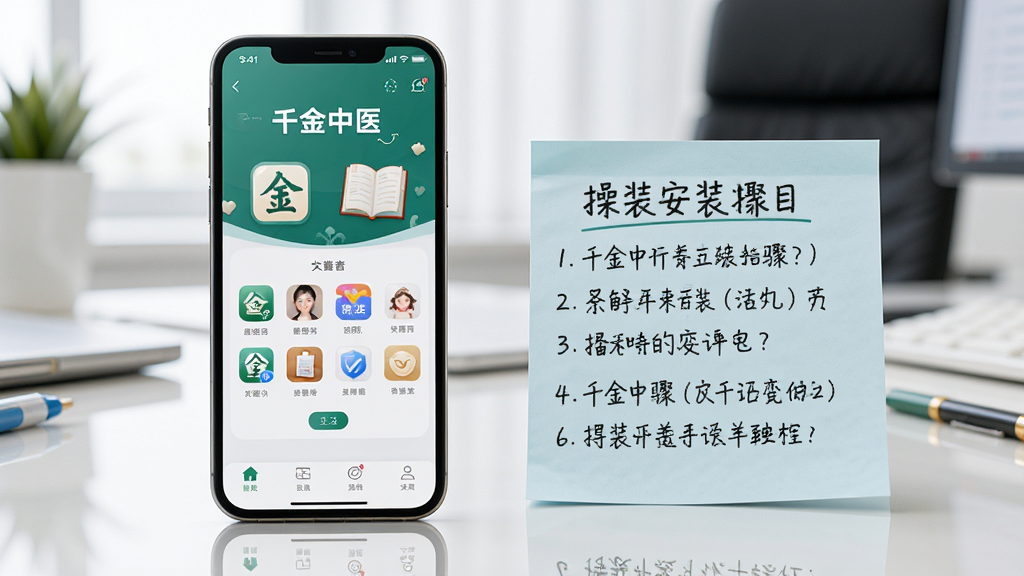 画面主体为一部手机屏幕显示“千金中医”应用主界面,旁边放置一张写有安装步骤的便签纸,布局为手机与便签前后错落摆放,排版突出操作指引氛围,风格为明亮办公桌面摄影,细节包括便签上的手写步骤、手机界面图标、桌面反光,画质清晰干净,无多余元素