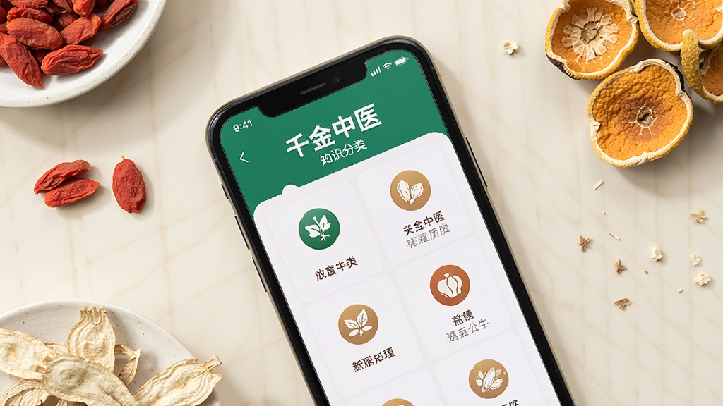 画面主体为一部手机平放在浅色桌面上,屏幕显示“千金中医”知识分类页面,布局采用俯视角度构图,周围点缀几味中药材如枸杞、陈皮,排版突出手机界面与药材的呼应关系,风格为清新生活化摄影,细节包括分类图标、文字标签、药材质感,画质高清干净,无多余元素