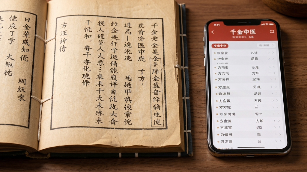 画面主体为一本摊开的古籍线装书与一部智能手机并排放置,布局采用左右对称构图,左侧古籍书页上隐约可见竖排中医条文,右侧手机屏幕显示“千金中医”应用界面与方剂列表,排版整洁有序,风格为写实静物摄影结合轻微暖色调,细节包括书页纹理、手机边框反光、桌面木质纹路,画质高清干净,无多余元素