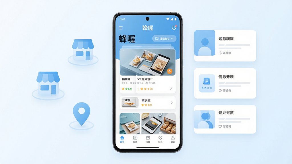 画面中央放置一部竖屏安卓手机,手机屏幕内展示“蜂喔”应用首页界面,界面包含店铺列表卡片与底部导航栏,手机左侧漂浮半透明商铺图标与定位标记,右侧排列简洁的信息卡片元素,整体采用浅蓝与白色为主的扁平化科技风格,背景干净渐变,构图居中对称,细节清晰,画质锐利,无多余装饰元素