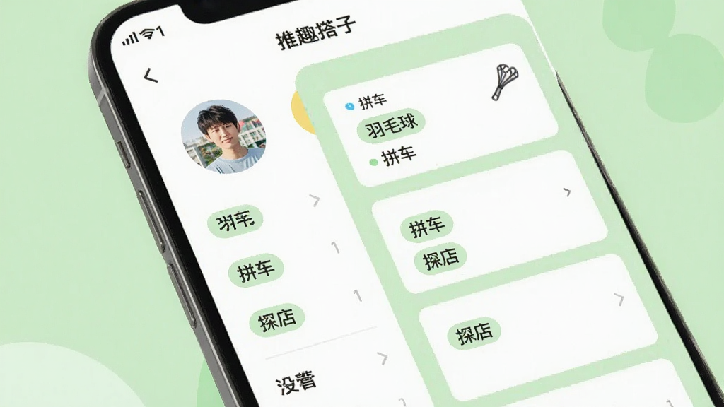 一部手机屏幕显示泛搭的兴趣匹配页面,左侧是用户头像与标签列表,右侧是推荐搭子卡片,卡片上标注“羽毛球”“拼车”“探店”等小标签,背景为白色与浅绿色搭配,界面排版整齐,风格简洁现代,画质清晰,干净无杂乱元素