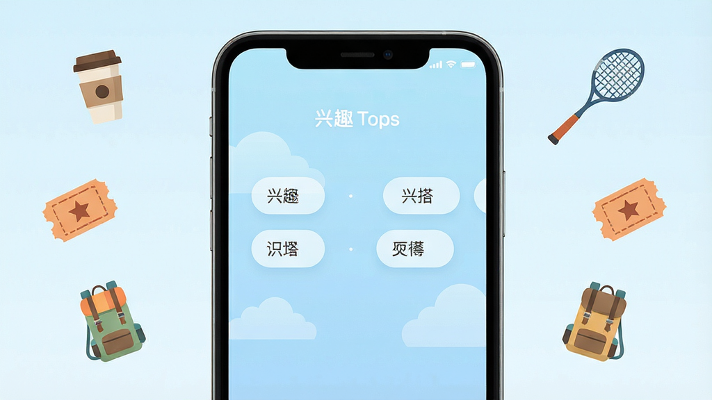 一张手机屏幕展示泛搭应用主界面,画面中央是兴趣标签选择区,背景为浅蓝色渐变,周围漂浮着咖啡杯、羽毛球拍、电影票、登山包等小图标,风格清新扁平化,布局居中对称,细节干净,画质高清,无多余元素