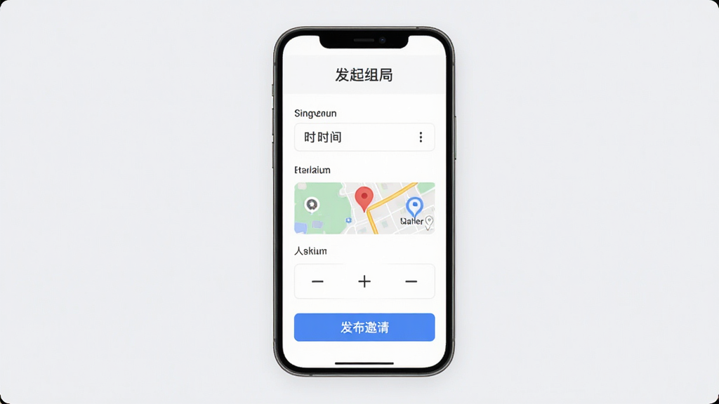 泛搭应用内活动组局创建界面,手机屏幕中央显示“发起组局”表单,包含时间选择器、地点地图标记、人数加减按钮,下方有“发布邀请”按钮,背景为淡灰色,排版清晰,风格简约,画质高清,无多余装饰