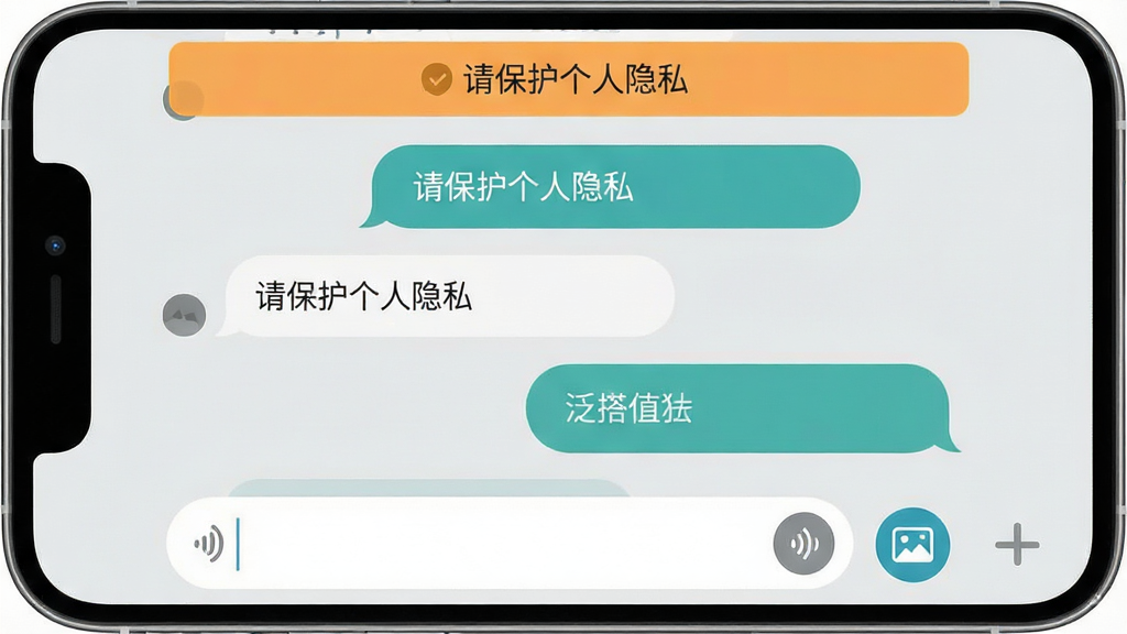 泛搭聊天界面截图,手机屏幕显示对话气泡,顶部有安全提醒横幅写着“请保护个人隐私”,底部输入框旁有语音与图片按钮,背景为浅灰色,布局规整,风格清爽,画质清晰,干净无多余元素