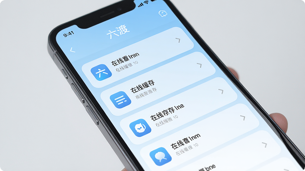 画面展示手机屏幕中“六渡”应用的离线缓存列表页面,列表项带有小图标,背景为淡蓝色渐变,整体布局疏朗,风格清爽,细节干净,画质细腻,无多余元素