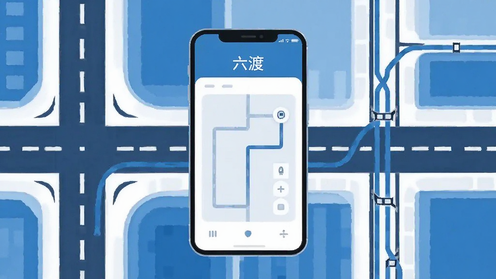 画面中央放置一部智能手机,屏幕显示简洁的路线查询界面,上方有“六渡”字样,背景为城市道路与地铁线路交织的抽象图形,整体采用蓝白配色,扁平化设计风格,细节清晰,画质干净,无多余元素