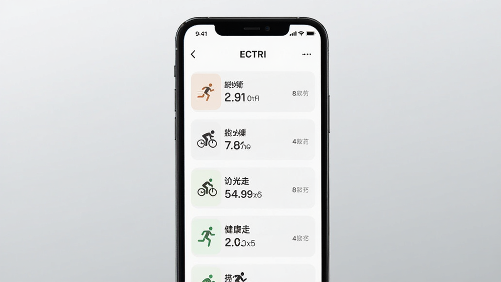 画面展示ECTRI应用运动记录页面,手机屏幕列出跑步、骑行、健走等运动条目与对应数据,背景为简洁的浅灰渐变,布局纵向排列,风格运动简约,细节包括运动图标与数据标签,画质清晰干净,无多余装饰
