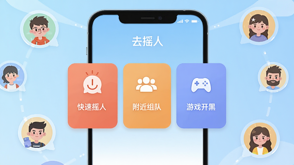 手机屏幕中央展示“去摇人”应用主界面,界面包含“快速摇人”“附近组队”“游戏开黑”三个功能卡片,背景为淡蓝色渐变,周围环绕卡通风格的人物头像气泡,整体布局简洁明快,扁平化UI设计风格,细节清晰,画质干净,无多余元素