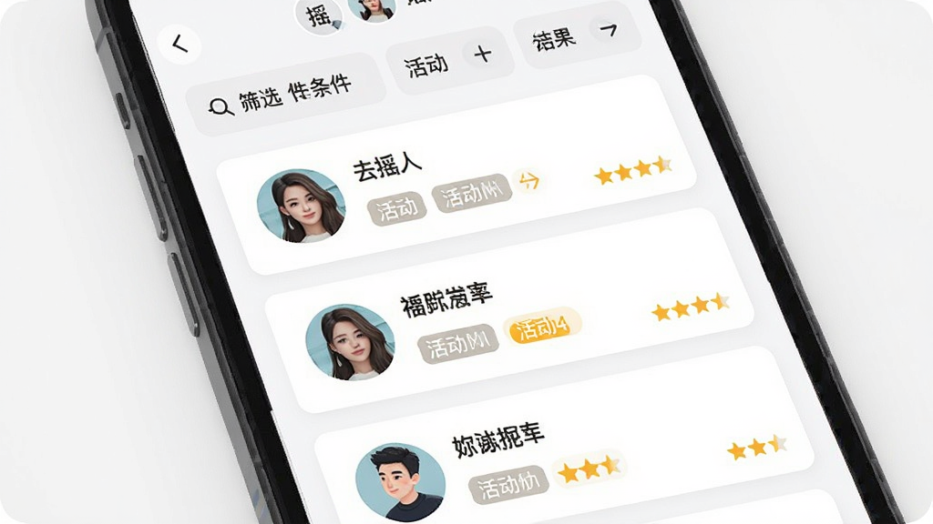 手机界面展示“去摇人”智能匹配结果列表,三张用户卡片纵向排列,每张卡片包含头像、昵称、活动标签与评分星级,顶部有筛选条件栏,整体采用浅色卡片式布局,风格清爽现代,画质干净,无多余元素