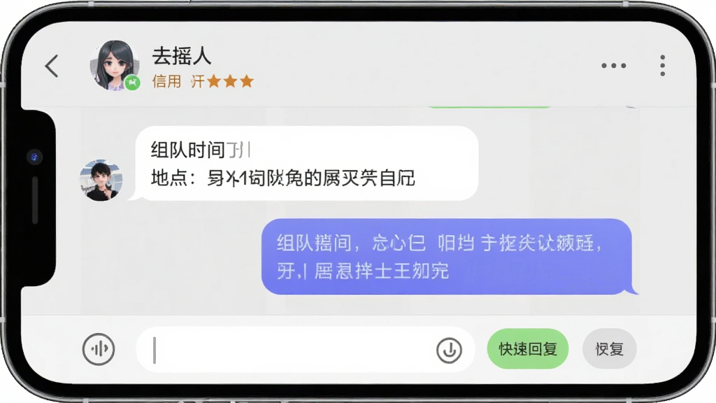手机聊天界面截图风格,展示“去摇人”站内对话窗口,对话气泡中包含组队时间与地点信息,顶部显示对方昵称与信用评分,界面底部有输入框与快捷回复按钮,整体为浅灰色调,风格简洁,画质干净,无多余元素