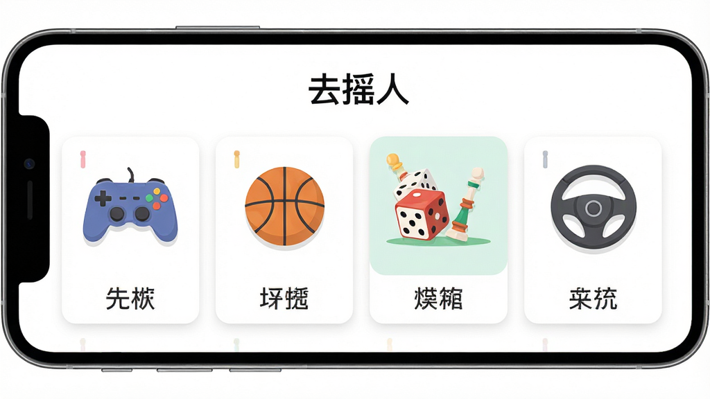 手机屏幕展示“去摇人”场景模板选择页面,页面中排列着游戏手柄、篮球、桌游骰子、汽车方向盘四个图标卡片,每个卡片下方有简短文字说明,背景为白色,图标为彩色扁平风格,布局规整,画质干净,无多余元素