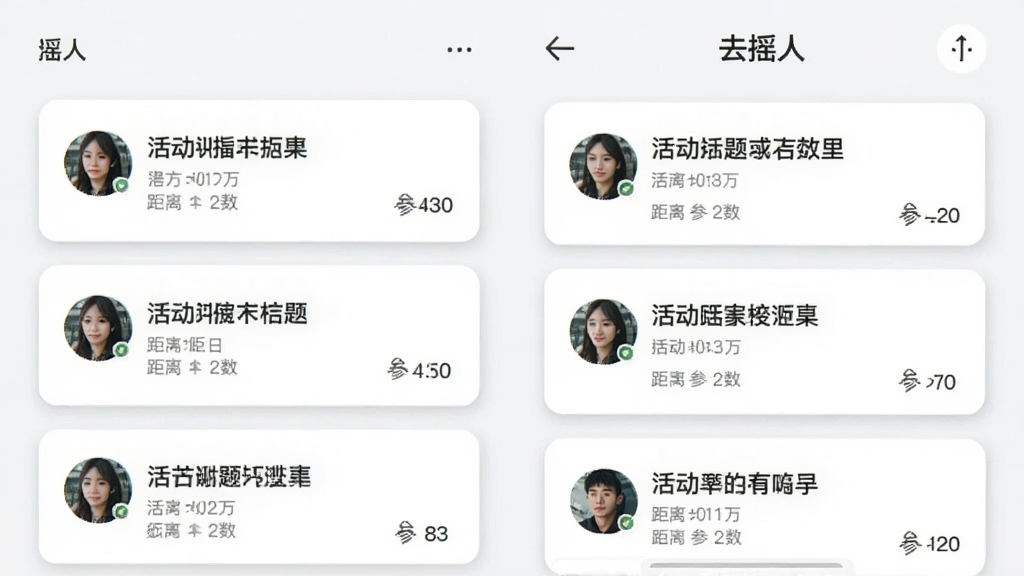 手机界面展示“去摇人”附近动态信息流,每条动态包含发布者头像、活动标题、距离标识与参与人数,列表采用卡片式布局,背景为浅色,卡片之间有轻微阴影分隔,风格清新,画质干净,无多余元素