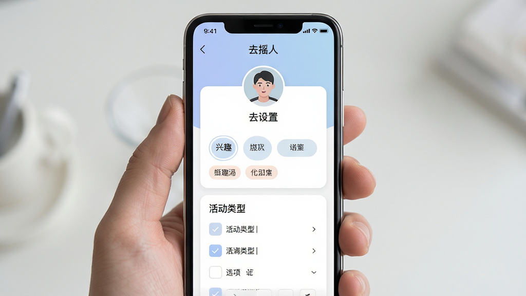 手机屏幕展示“去摇人”个人资料设置页面,包含兴趣标签选择区域与活动类型勾选项,界面采用卡片分区布局,配色柔和,画质干净,无多余元素