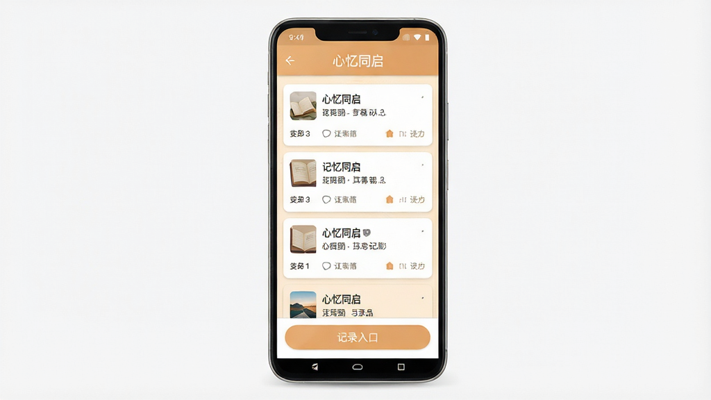 一张展示「心忆同启」软件核心全貌的手机界面预览图,画面中央是一部竖屏安卓手机,屏幕内呈现记忆记录首页布局,顶部为软件名称「心忆同启」标题栏,中部为卡片式记忆条目列表,底部为记录入口按钮,整体采用浅暖色调,界面干净整洁,风格真实应用截图质感,细节清晰,画质高清,无多余元素