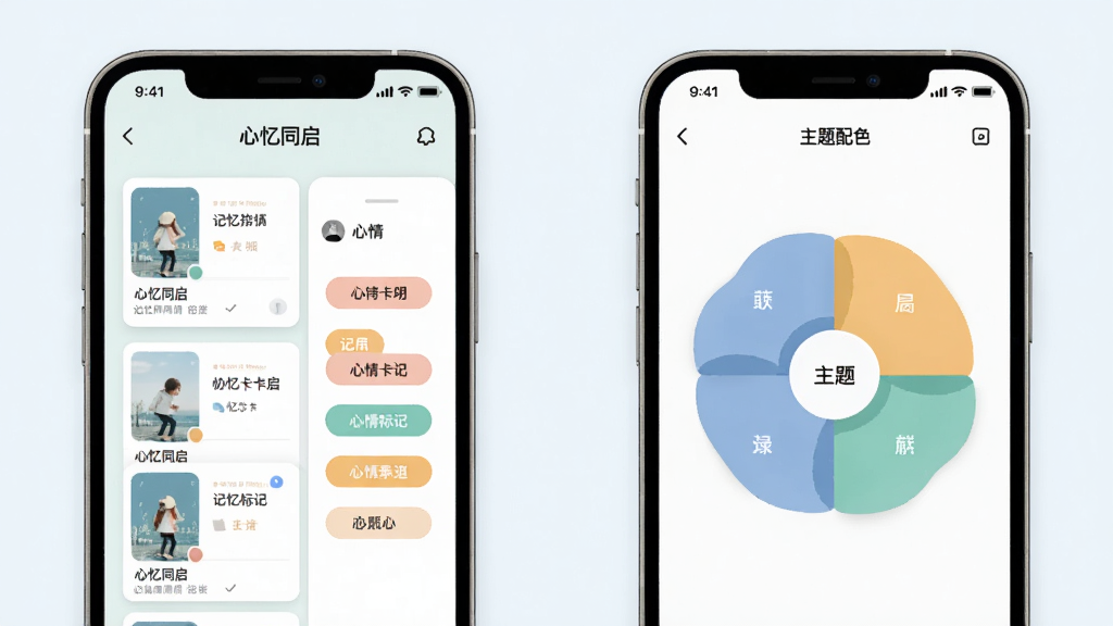 一张体现「心忆同启」记忆卡片与心情标记功能的界面示意图,画面为两部并排的手机屏幕,左侧展示卡片式记忆列表与心情标签选择面板,右侧展示主题配色切换界面,整体风格清新浅色,布局规整,细节清晰,画质高清,干净无多余元素