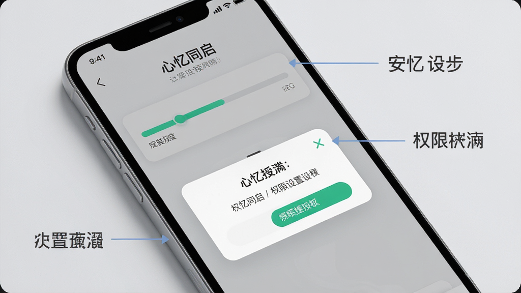 一张展示「心忆同启」安装与权限设置流程的示意图,画面为手机屏幕特写,屏幕内呈现安装进度条与权限授权弹窗,旁边配有简洁的操作步骤标注线条,整体风格清爽浅灰质感,布局清晰,细节真实,画质高清,干净无多余元素