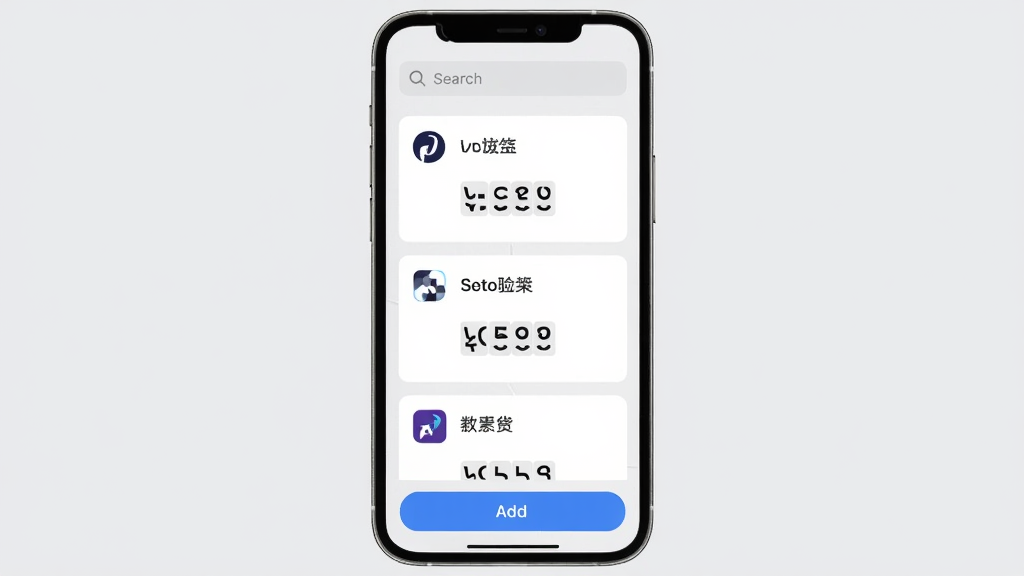 验证器Authenticator多账户管理界面,画面展示手机屏幕内整齐排列的多个验证码卡片,每张卡片包含平台图标、名称与六位数字代码,卡片之间有细微分隔线,背景为浅灰色,风格清爽简约,细节包含顶部搜索栏与底部添加按钮,画质清晰,干净无多余元素