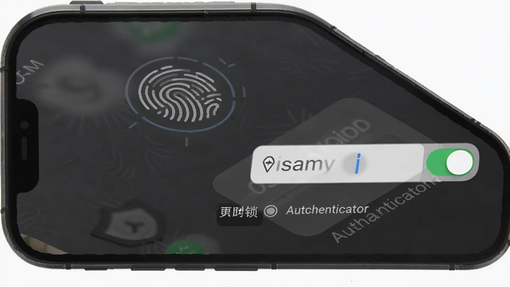 验证器Authenticator应用锁设置界面,画面展示手机屏幕内指纹识别图标与密码输入框,背景为深灰色磨砂质感,风格沉稳安全,细节包含开关按钮与提示文字区域,画质清晰,干净无多余元素