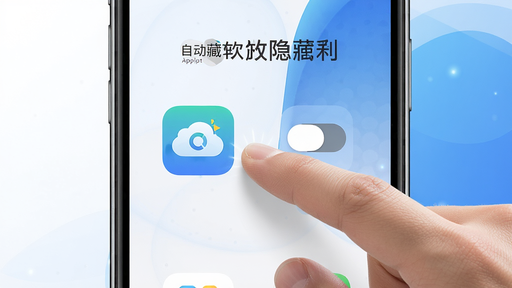 一张手机界面示意图,画面中一只手正在点击手机屏幕上的应用图标,图标旁边显示一个隐藏开关按钮,屏幕上有应用自动隐藏软件的名称标识,背景为简洁的白色与蓝色渐变,风格清爽科技,细节丰富,画质清晰干净,无多余元素