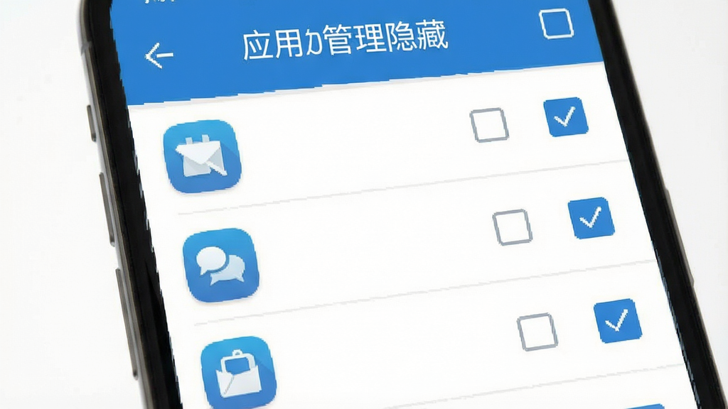 一张手机应用管理列表界面的示意图,屏幕上展示多个应用图标以列表形式排列,每个应用右侧有勾选框,顶部有应用自动隐藏的标题文字,界面风格简洁扁平化,配色以蓝白为主,细节清晰,画质干净,无多余元素