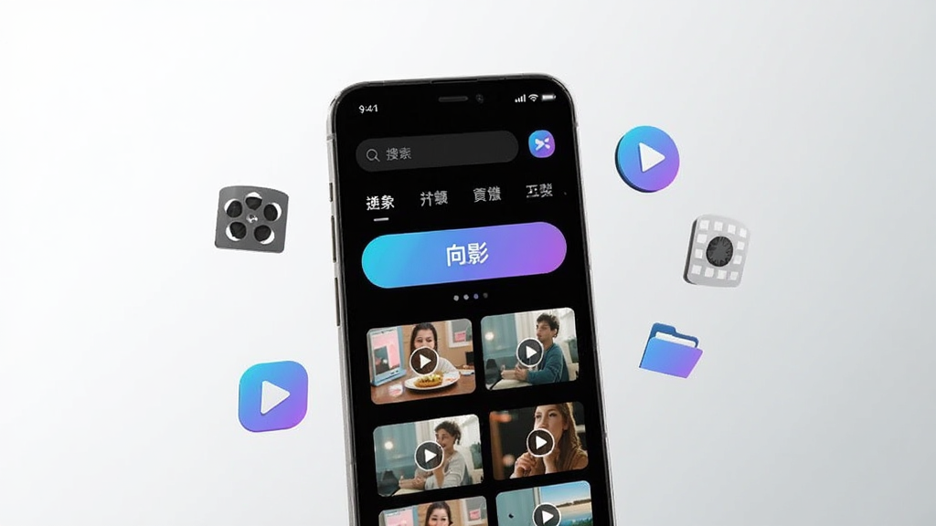 画面中央是一部竖屏智能手机,屏幕中显示“向影”应用的主界面,界面以深色背景搭配蓝紫色渐变按钮,上方有搜索框和分类标签,下方为视频卡片网格布局,手机周围漂浮着电影胶片、播放按钮、文件夹等小图标,整体采用扁平化科技风格,背景为干净的浅灰色渐变,画质清晰锐利,无多余装饰元素